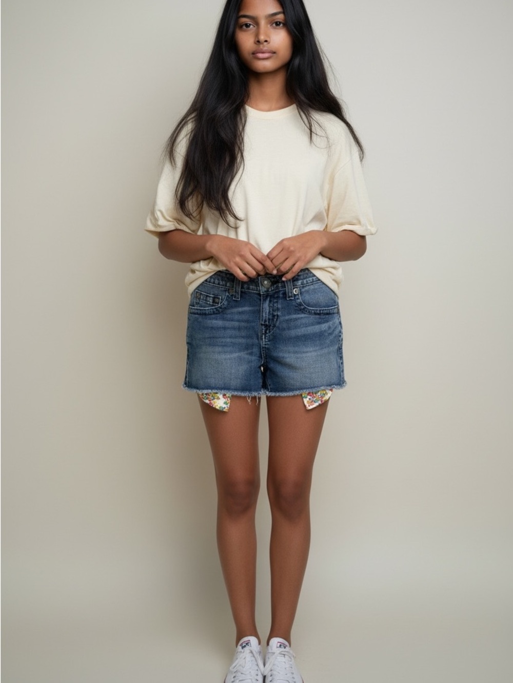 True Religion Blue Denim Shorts with Floral Lining